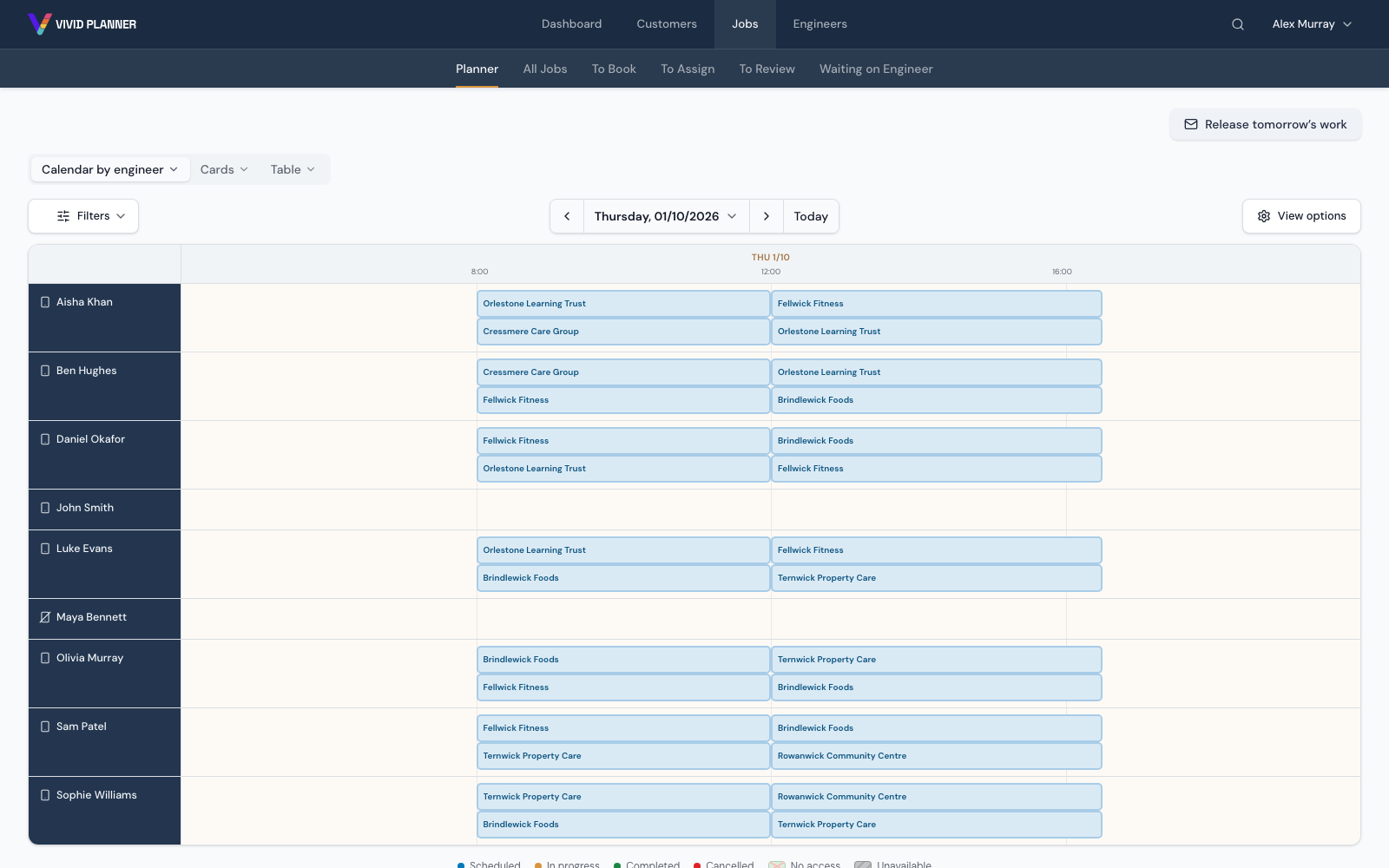 Vivid Planner calendar showing scheduled visits organised by engineer across the working day